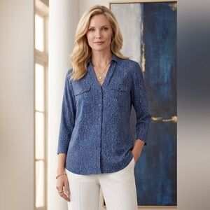 J. McLaughlin Indigo Blue Print Blouse